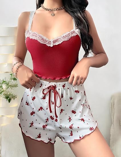Women’s 2-Piece Floral Cami & Shorts Pajama Set – Lace Trim Sleepwear