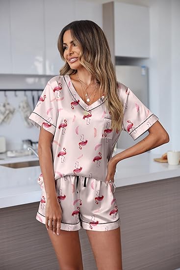Ekouaer Women’s Satin Pajama Set – Short Sleeve 2-Piece Silk Sleepwear